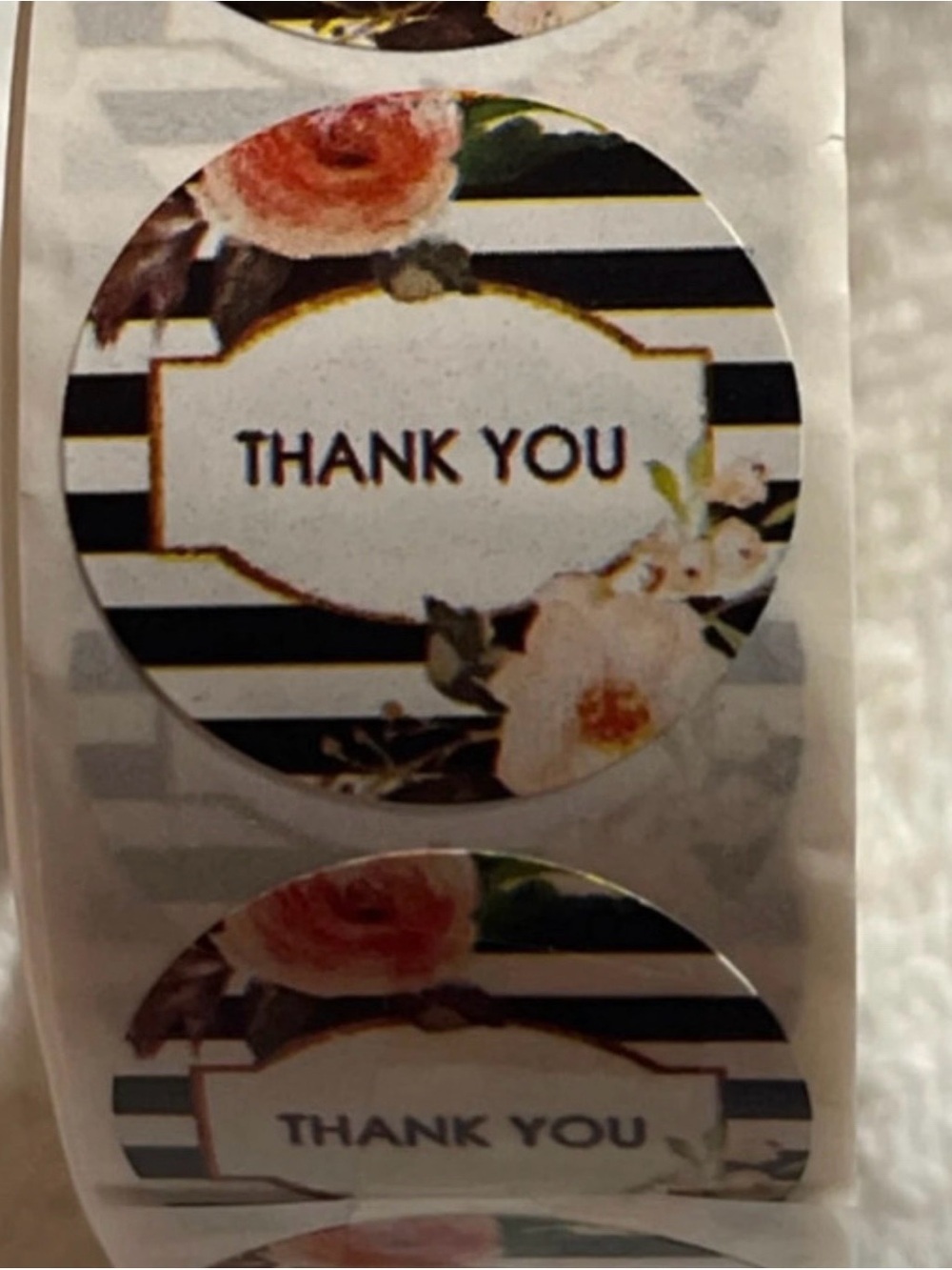 500 Round 'Thank You' Sticker Seals – Black & White Stripe with Floral Accent